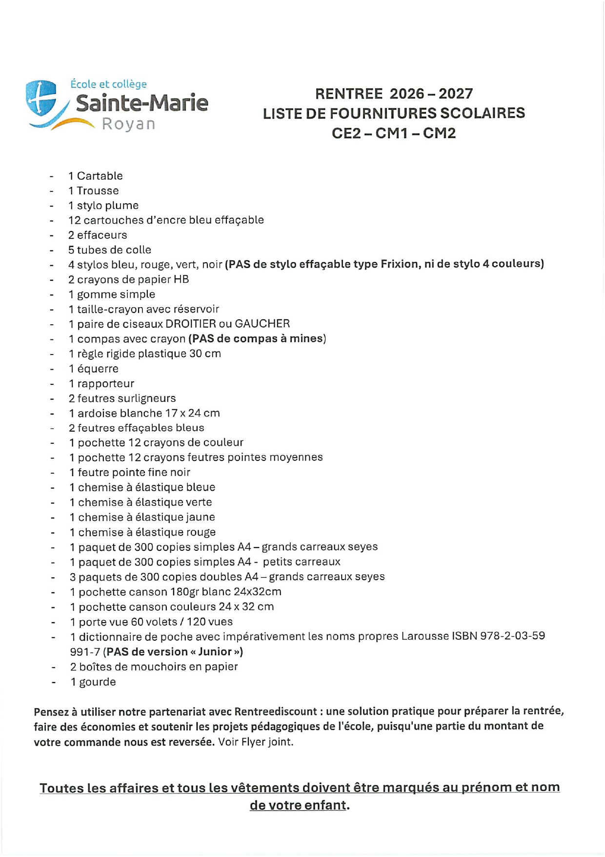 Listes fournitures CE2 CM1 CM2 2026 2027 page 0001